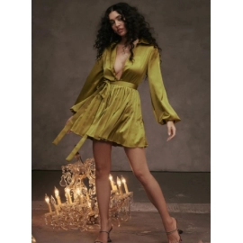 Mozision Satin Pleated Sexy Shirt Dress For Women Lapel Deep V Neck Lantern Sleeve Girdling Club Party Sexy Mini Dress Fashion