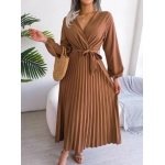 Ficusrong Women Spring Summer Cross Solid Color V Neck Large Hem Pleated Long Dress For Fashion